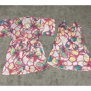 Natori Nightgown Slip Dress Robe Womens XL 1X White Pink Turquoise Silky Floral